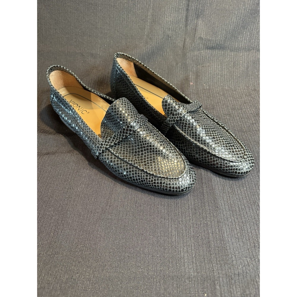 Vionic Zana Loafers Black Snake Lizard Print Leather Flats Women 10